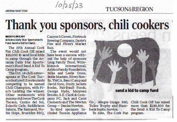 Arizona Daily Star 2023-10-23 Cork Fun Chili Cook-Off Thank You to Sponsors and Cookers